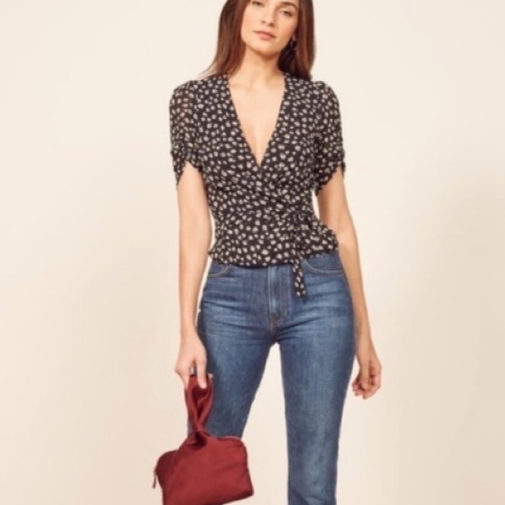 Reformation Charlotte Black White Floral Wrap Adjustable Tie Top